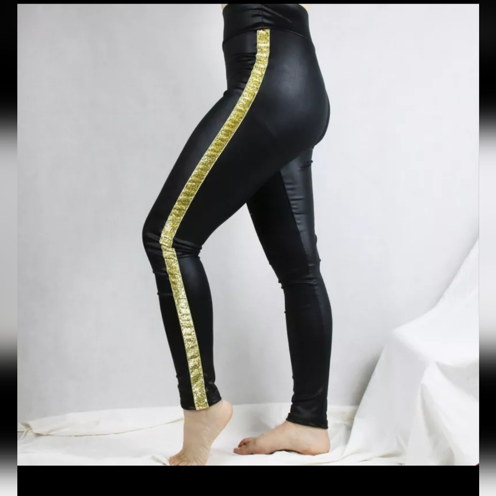 NWOT Black Vegan/Faux leather pants with gold trim. Size L/XL.